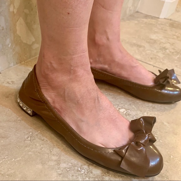 Miu Miu Shoes - Miu Miu | Patent Leather Brown Bow Ballet Flats Crystal